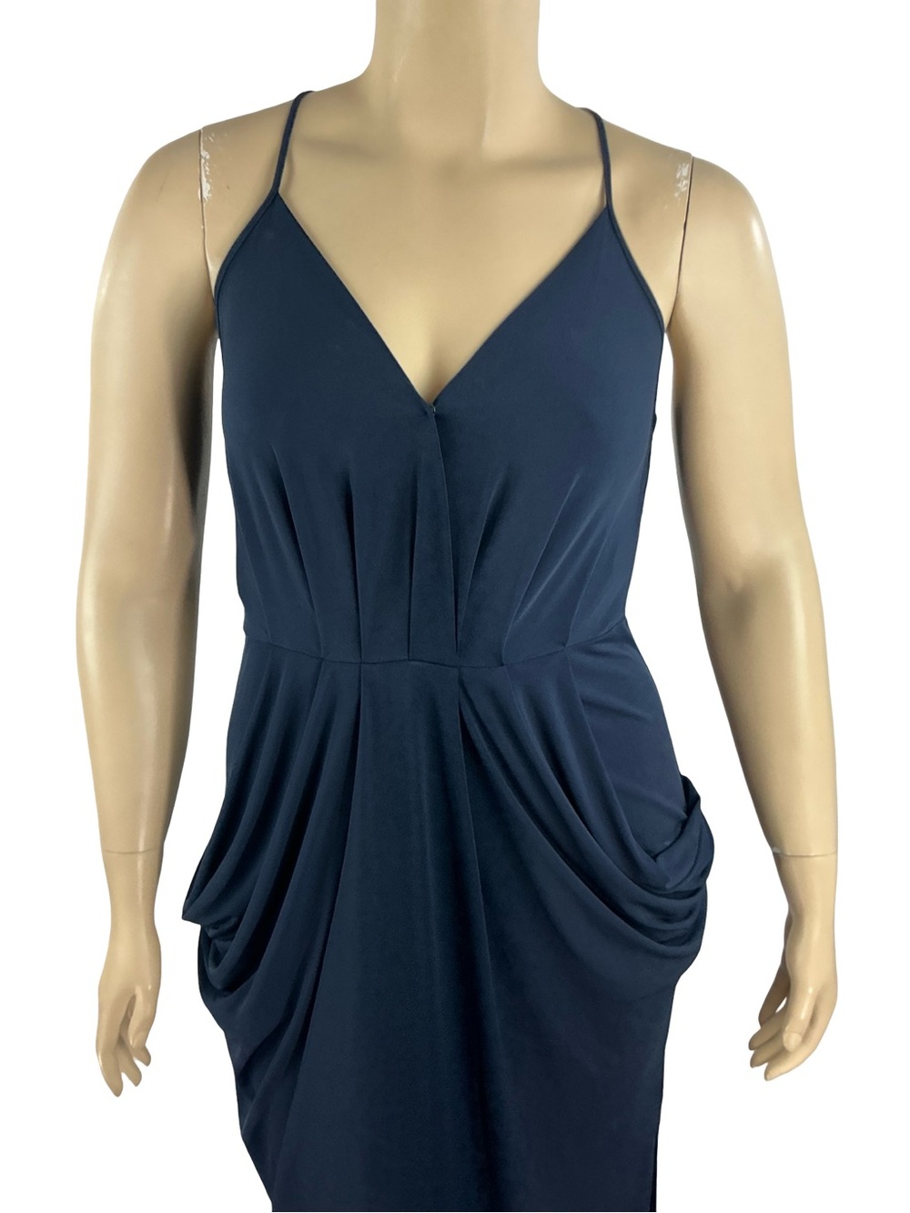 BCBGeneration Faux-Wrap Midi Dress Navy Cocktail Wedding Guest Size L - Picture 3 of 8